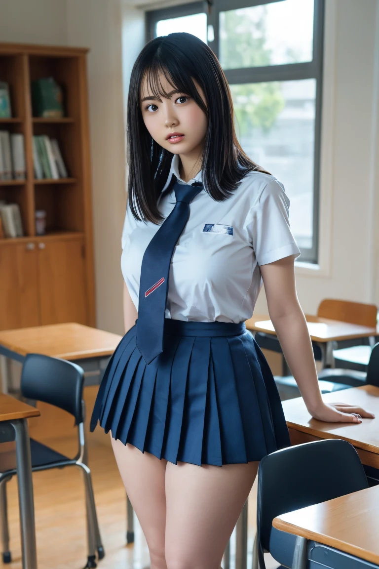 8k,best quality, masterpiece, ultra detailed, ultra high res, photorealistic, raw photo, absurdres, absolutely resolution, ((1girl solo)), full body ,a Japanese young pretty woman, hyper cute face, glamorous figure, large breasts , long bob hair , (school uniform :1.3),desks ,glossy lips, double eyelids in both eyes, natural makeup, long eyelashes, shiny smooth light brown long bob hair, asymmetrical bangs, shiny skin, central image, high resolution, high detailing, detailed hairstyle, detailed face, spectacular movie lighting, octane rendering, vibrant, hyper realistic, perfect limbs, perfect anatomy