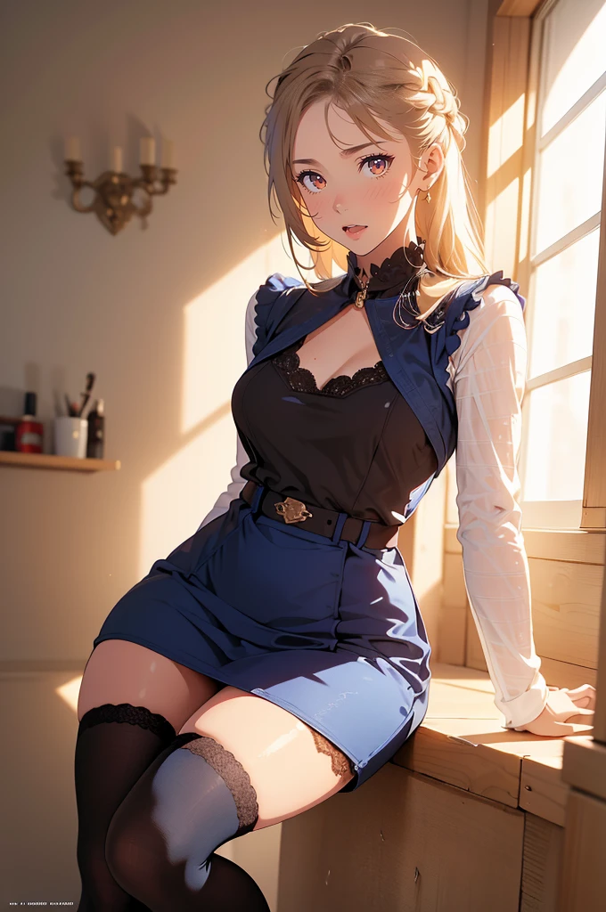 perfect eyes:1.2, detailed eyes:1.4, aanodoka, twintails, dark blonde hair, hime cut, blunt bangs, fringe, navel, indoors, large breasts, purple eyes, tareme, dark blue clothes, modern clothes, cleavage, dress, pelvic curtain, smile, thighhighs, open mouth, beautiful body, medium full shot, thigh-level shot, 1girl,(masterpiece:1.6, best quality),