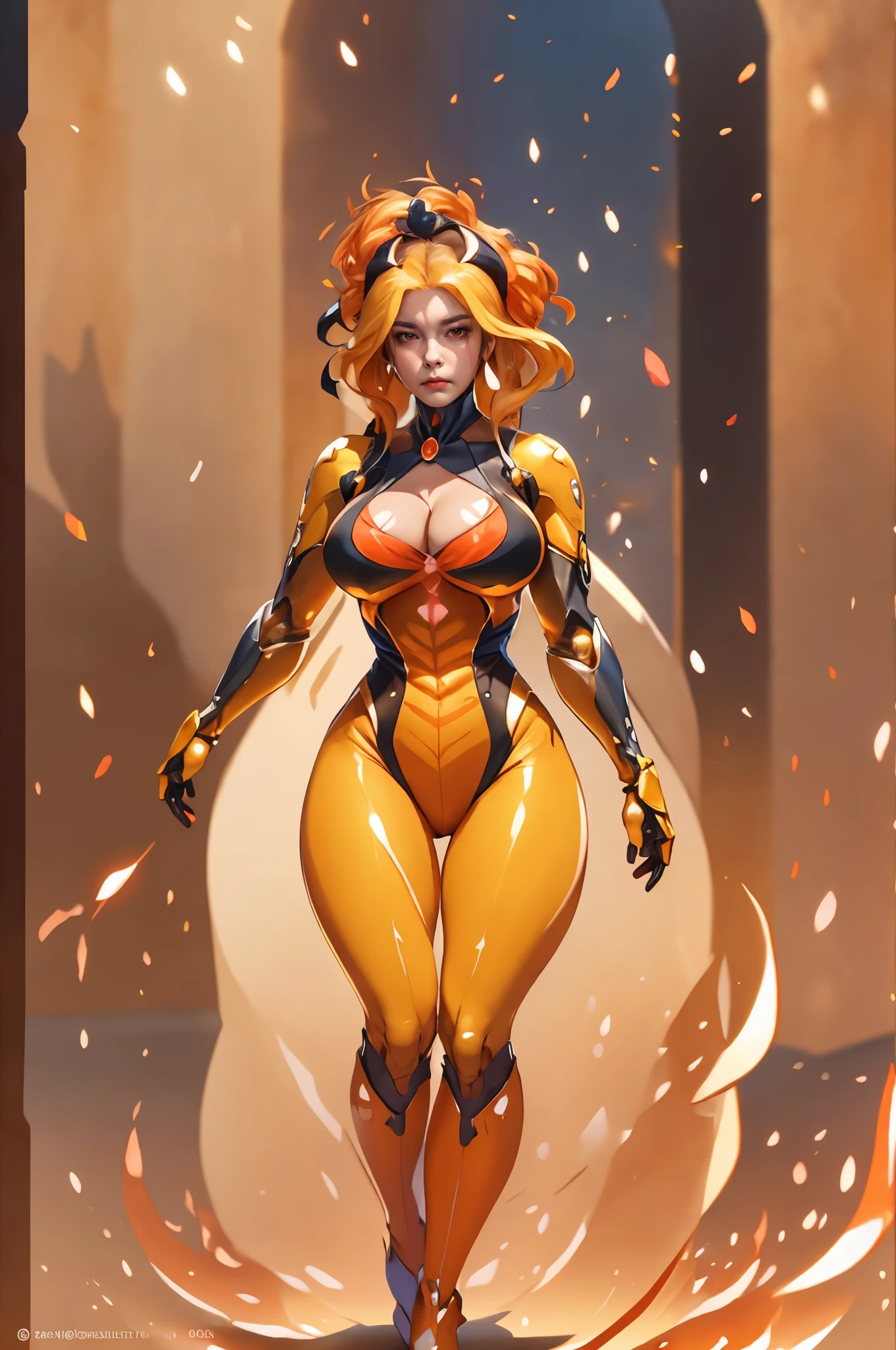 In New York, Time Square, beautiful woman, 25 years old, style, Cheetara thundercats is a fearless warrior. Athletic Body: Cheetara has a slim and athletic body, with well-defined curves. Hair of a cheetah: Full body with yellow fur and dark spots like the hair of a cheetah, she is agile and fast, reflecting her feline nature. Full body with yellow fur with dark spots with hair from a cheetah, a type of large feline. Orange Clothing: She wears a tight-fitting dark orange outfit, which covers most of her body, but leaves her arms and legs uncovered. The costume also includes a short cape. Big Blue Eyes: Cheetara has expressive blue eyes, which often reflect her intelligence and determination. Jewelry and Equipment: She wears a golden tiara on her forehead and golden earrings in her ears. Additionally, she is often seen with a staff that can transform into a nunchaku, which she uses skillfully in combat. Strong and decisive. Her fighting ability is impressive but without a doubt her greatest power lies in her unparalleled speed, superior to any motorized land vehicle. She has a stick as a weapon. Furthermore, she is powerful and was trained by Jaga, in New York, (athletic body: 1.4), (orange hair: 1.3), (hanging breasts: 1.3), (full breasts: 1.4), (realism: 1.5), (Realisitc: 1.4), (Absurdity: 1.4), 8k, ultra-detailed, Detailed Beautiful Woman, (Only one: 1.4), 1girl, (Viewer facing: 1.2),