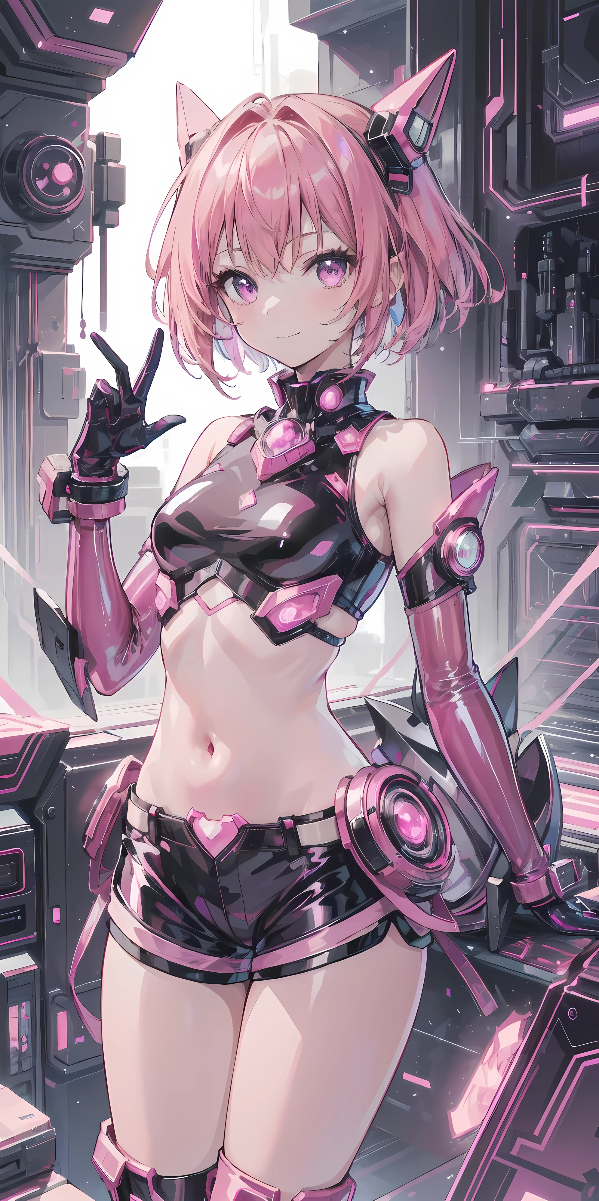 1girl, solo, short hair, pink hair, perfect face, purple eyes, looking at viewer, cute, smile, closed mouth, (pink latex top:1.3), short shorts, (black latex shorts:1.2), castle room in background, inner details, transparent, internal reflections, scifi, gemtech, cowboy shot, masterpiece, high resolution, best quality, 