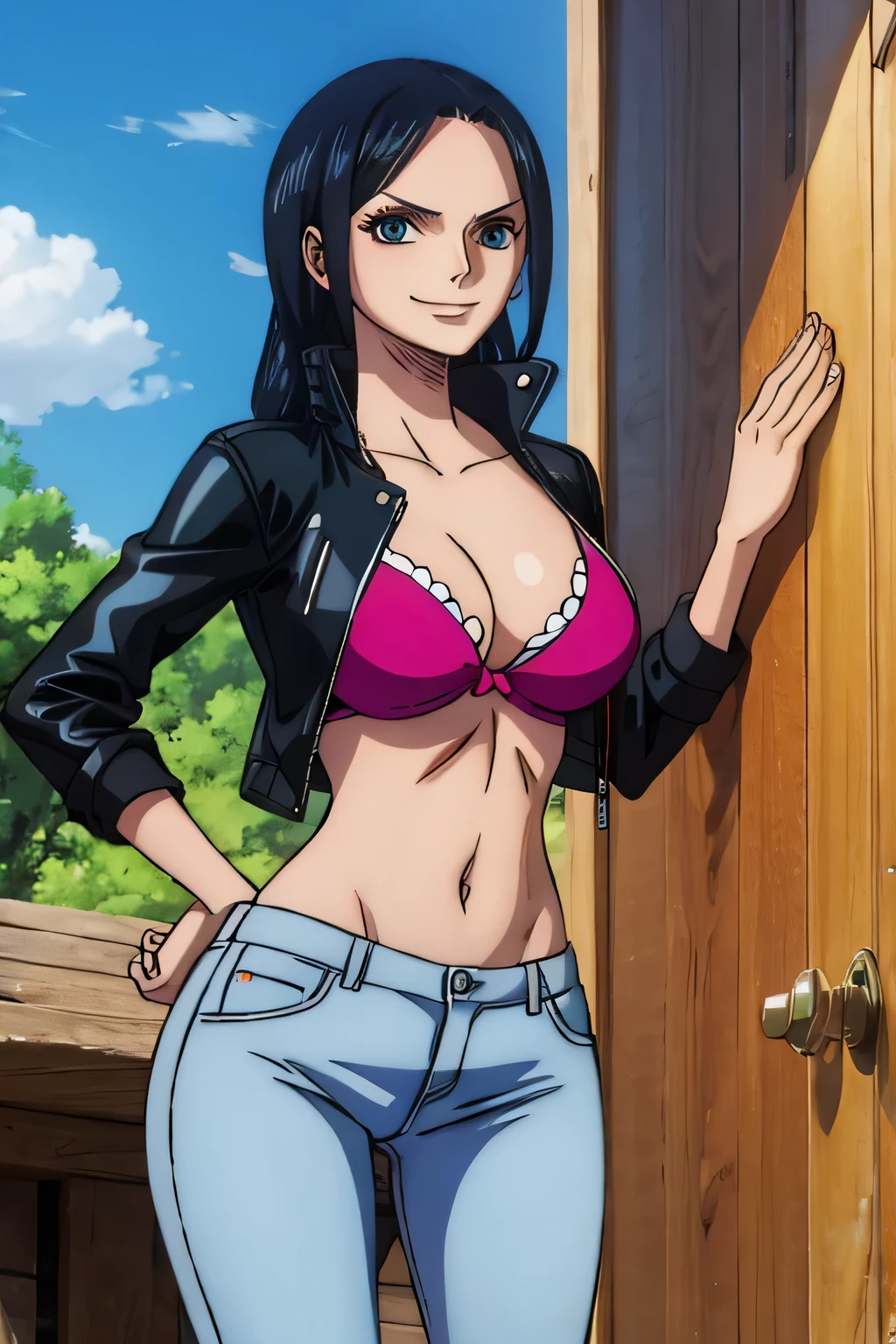 nico robin, evil smile, méchant , bikini , visage sournois ., sourire sournois, open leather jacket, tight jeans, black bra