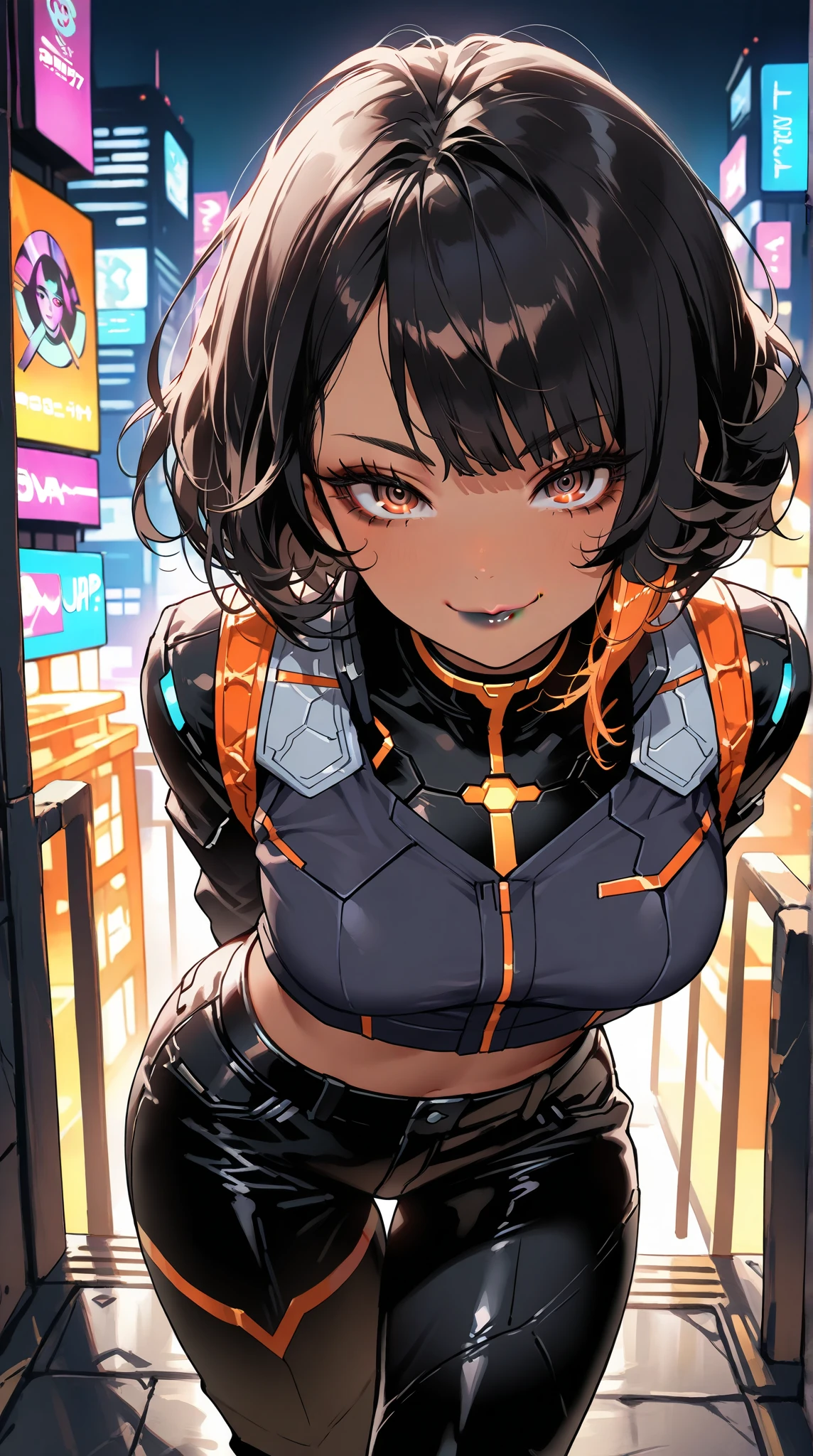 8k, (masterpiece), best quality, perfect face,perfect body, 1 woman, 1female, solo,detailed skin, tan skin, 1girl, solo, black hair, bangs,curvy, ((brown eyes)), black hair, bob cut, curly hair, messy hair, side bangs, medium breasts,  dark-skinned female, dark skin,  badass, beautiful face, black eyeliner, black lips,  dynamic angle , boots, with soft lighting and warm colors, full body, (cowboy shot),(crop top vest, leather pants),expressionless、sidelock, machiavelic smile expression, night, looking at viewer, 1girl, eyelashes, ringed eyes, eye focus,, suit, serious look, fight, leaning forward, arms behind back, (business suit), seductive smile, standing, night cyberpunk city, neon, 