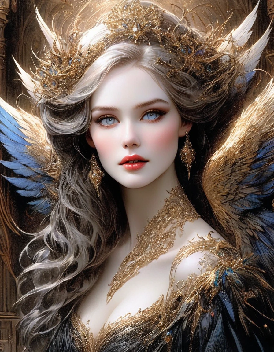 beautiful angel with angel mask, cinematic pose, symmetry, ink dropped
in water by Tom Bagshaw and Seb McKinnon, rococo details, post processing,
painterly, book illustration watercolor granular splatter dripping paper
texture, ink outlines, arcane style