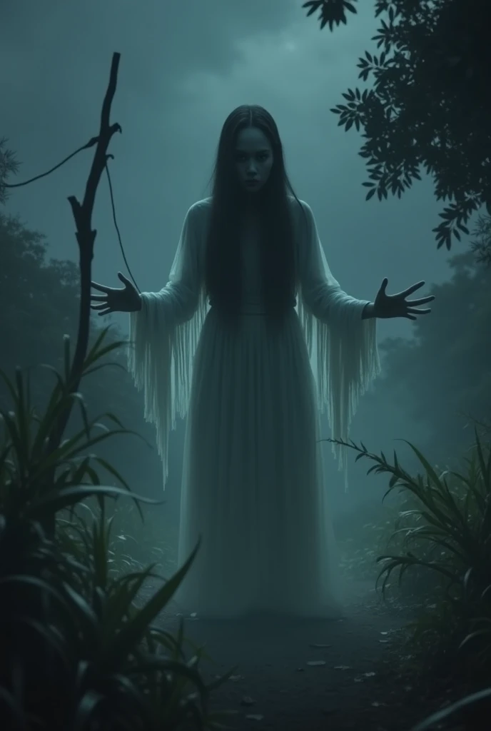 Photorealism 1.2 high definition pregnant women full white cloth very long hair hanging at dead tree with hooks on shoulder smoke effect ugly scariest face blood Asian rain forest background dusk effect zombie face deep jungle full white dress floating in the air night dramatic view cinematography view laugh with fangs ugly scariest face floating at the river moonlight