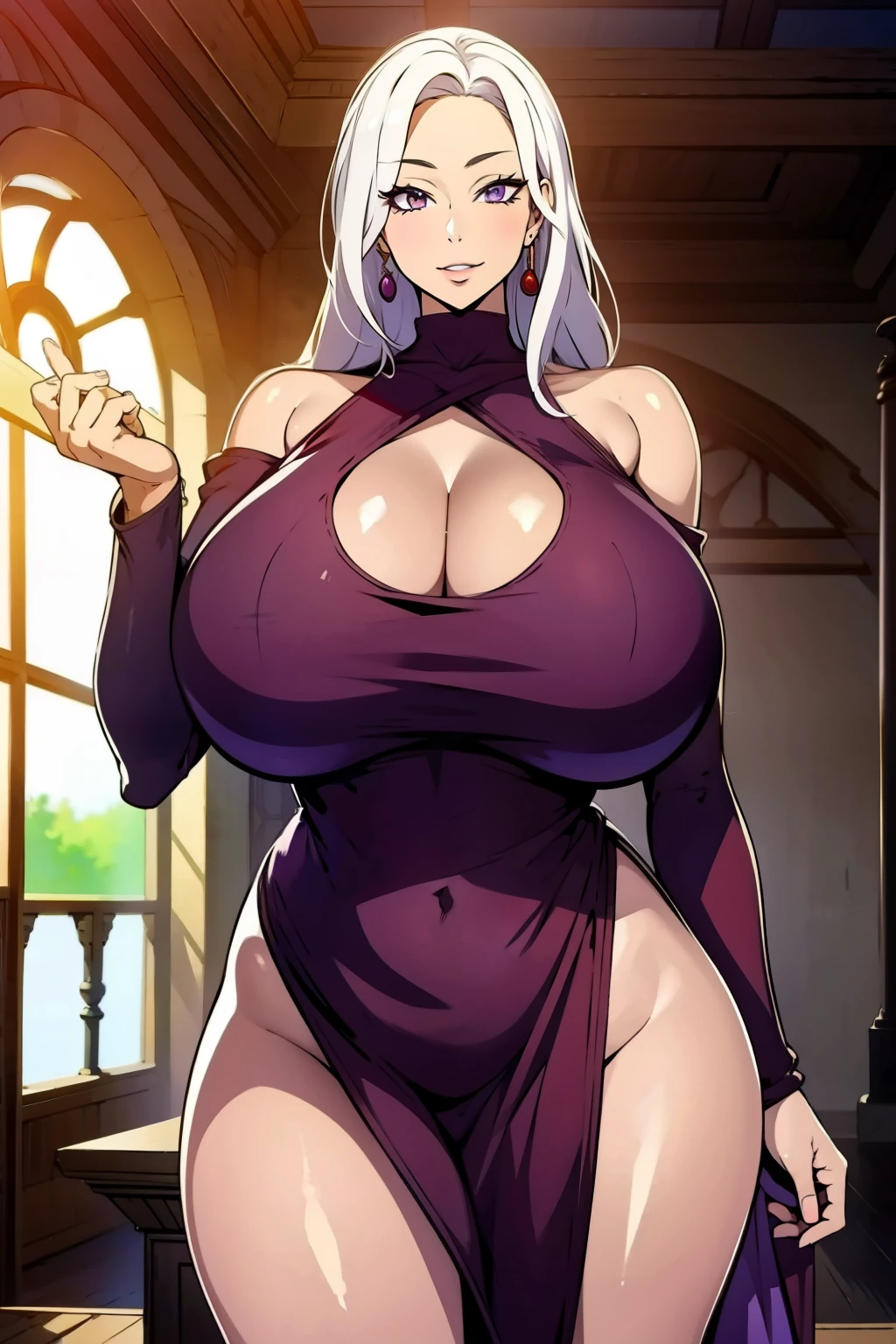 Ino yamanaka， komono， nevando， sitted，Purple clothes，Off-the-shoulder attire，cleavage，ssmile，Be red in the face，inside in room，Close-up close-up，with a good figure, wide hips, thick thighs, huge ass, enormous huge natural breasts, cleavage, mature mom,detailed fingers, accurate fingers