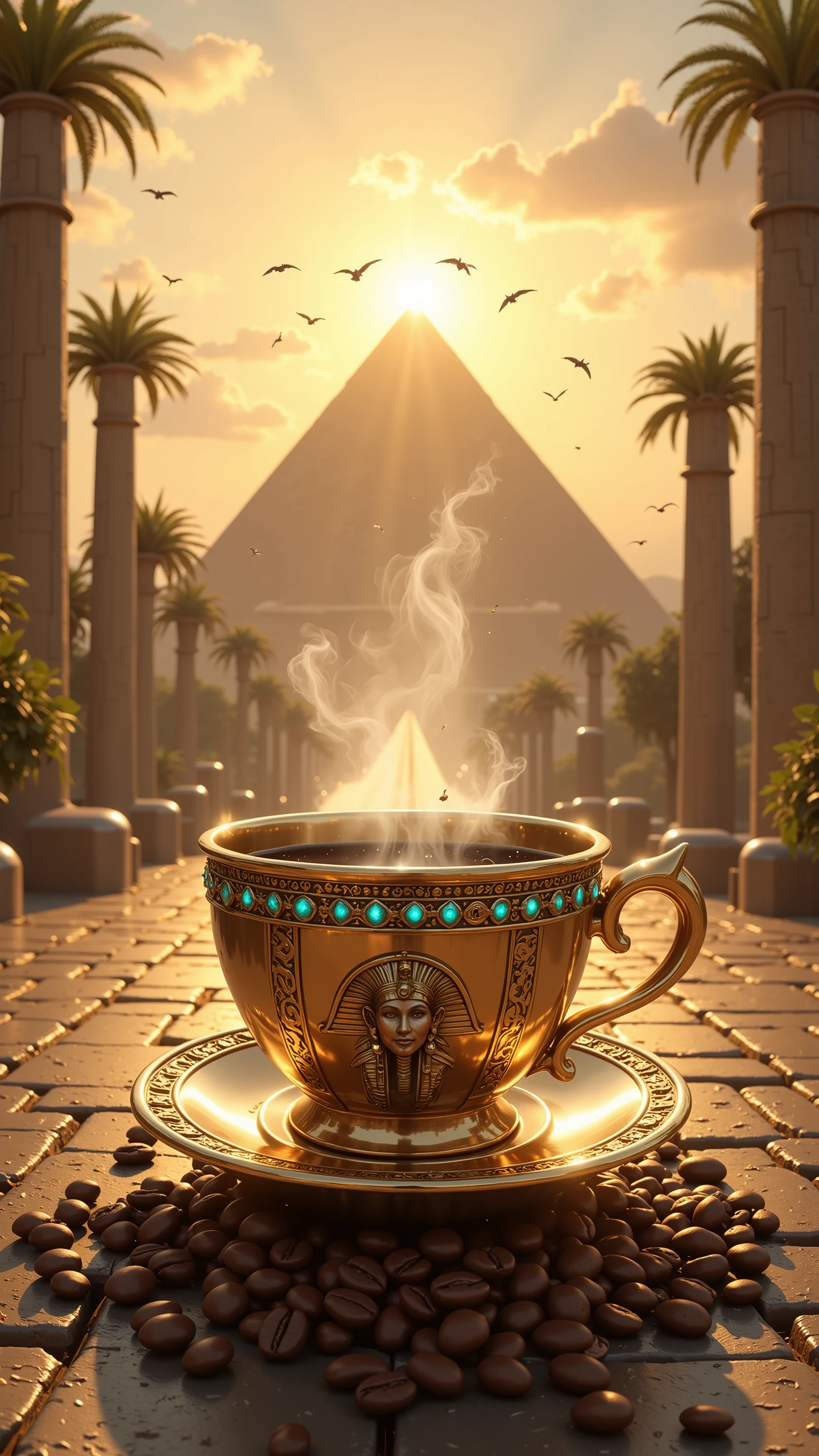 Realistic illustration for advertising , , 1 very short and low coffee cup made of polished gold ,  In the center of the coffee mug, the three-dimensional Eye of Horus motif is engraved ,  The area around the eye of Horus pattern is a hieroglyphic pattern ,  The top rim of the glass is adorned with luminous turquoise diamonds arranged in an orderly horizontal way. , . Inside the coffee mug there is a glossy black hot Americano coffee cup. ,  There is coffee smoke billowing out of the coffee mug elegantly but still looking natural. ,  The view of the image clearly shows the hot Americano coffee water inside the coffee cup , The coffee cup holder ear is on the right hand , A coffee mug is placed on a coffee coaster made of polished gold , The coffee saucer engraved with the heroic motif ,  The area around the coffee cup contains the same size of complete coffee beans placed together naturally inside the coffee saucer. , . The area around the coffee saucer contains complete coffee beans of the same size in large numbers, placed together naturally on the street floor.,  Coffee cups and coffee coasters are located on the ancient Egyptian stone road in the lower center position of the image , THE ANCIENT EGYPTIAN STONE ROAD IS A VERY HIGH-RISE BRIDGE CONNECTED FROM THE CENTRAL POSITION OF THE BACKDROP.,  The background is the great Pyramid of Giza, mixed with A variety of Roman columns and a harmoniously ornate Babylonian floating garden, On the left and right are large palm trees lined up to the background of the image , , the details of the architecture behind can be seen in detail and clearly through the perspective seen from the front. ,  in the sunset sky. A large and glorious morning that is shining brightly over every corner of the image , . The atmosphere of the picture is covered with a warm and soft morning golden light. ,  In the sky there are bright morning clouds , In the sky there are many flying birds 