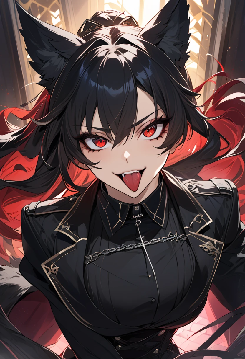 beautiful anime woman wearing a black military trench coat, tight black jeans pants, wolf ears, wolf tail, half wolf and half human, red eye color, black hair in a ponytail, light novel art, detailed anime art, anime, regal, royal, sexy, thicc, beautiful feminine facial features, flirtatious, sultry, slutty, petite, sharp canines, aheago, villain, all black clothing, high quality, very detailed anime art, feminine, slender face, military general vibes, pretty girl, good lighting, close up shot of face, red highlights, lewd smile, cute, naughty wolf girl, cross eyed sticking her tongue out like a slut, naughty and silly lewd expression, very horny wolf girl, bad bitch