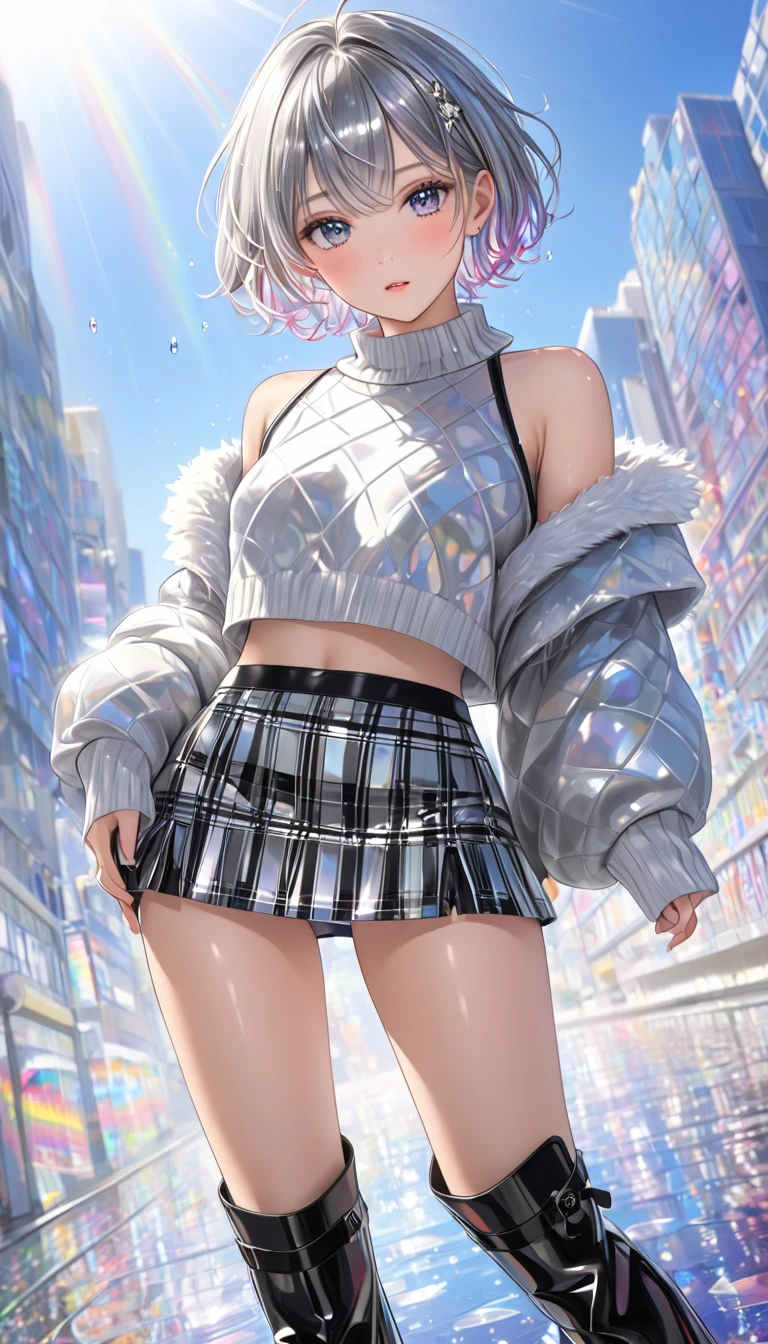 Cool Beauty,  silky slightly disheveled short hair with silver luster,  Adorable and lewd look ,  charming eyes, Best Style,  black wide open shoulder crop top 、 wearing a large, fluffy, girly sweater,  silver shiny check flare mini skirt with a glimpse of white panties,  black thigh length boots , 白いパンティがちらりと見える、 low angle、 Rainbow-colored water droplets reflecting sunlight cover the background ,  super detailed,  high definition ,   Masterpiece 