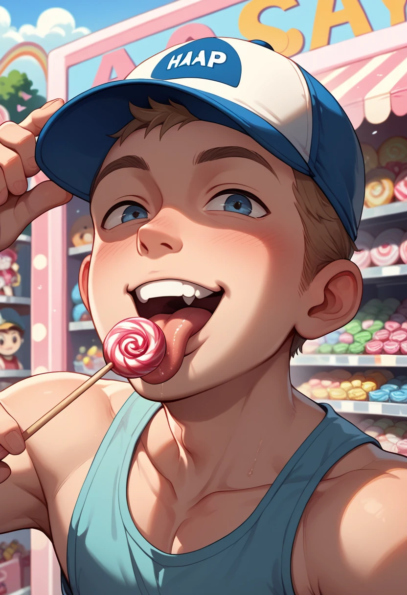 Boy yo on candy shop, anime, slim, haapy face tanktop, baseball cap, licking  lollypop, candies on background 