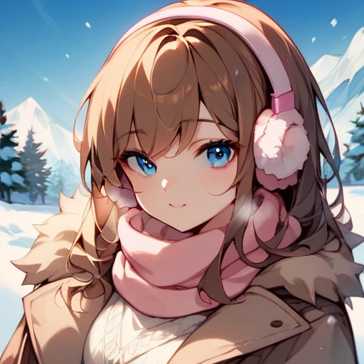  1 girl ,  long hair,  blue eyes, Brown Hair,  pink scarf、Earmuffs、 brown duffle coat 、 white sweater、Snow Scene、White Breath、 upper body