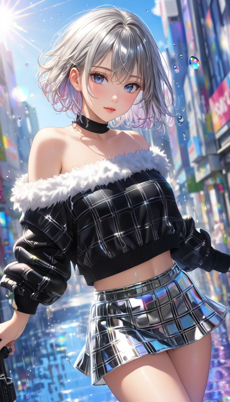 Cool Beauty,  silky, silky, slightly disheveled short hair with a silvery sheen,  Adorable and lewd look ,  charming eyes, Best Style,  black wide open shoulder crop top 、 wearing a large, fluffy, girly sweater,  silver shiny check flare mini skirt with a glimpse of white panties,  black thigh length boots , 白いパンティがちらりと見える、 low angle、 Rainbow-colored water droplets reflecting sunlight cover the background ,  super detailed,  high definition ,   Masterpiece 