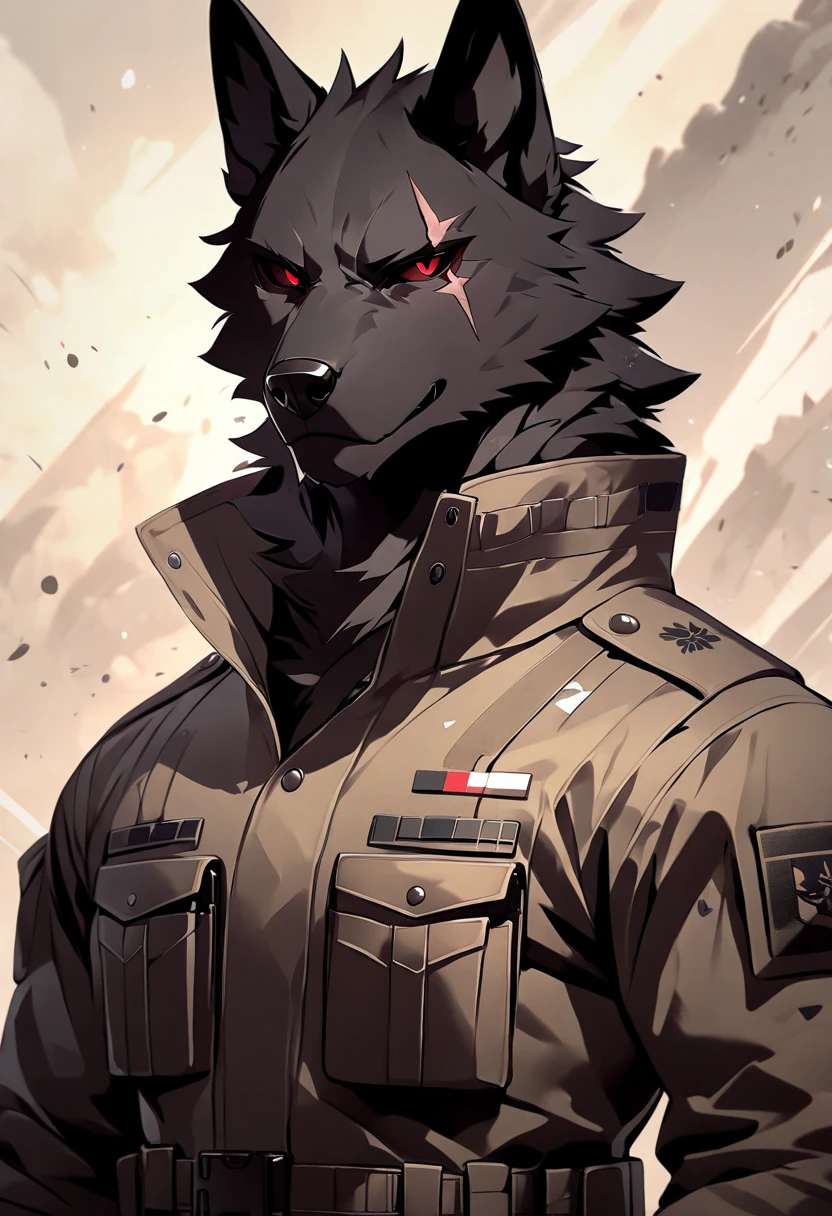  anthropomorphic black wolf wearing full black modern military tactical gear, detailed black fur, scar on eye, red eye color, villain, sexy, masculine, cold smile expression, light novel art, wearing a black military trench coat, handsome black wolf, furry art, furry wolf, anime style, anime artwork, badass, attractive furry wolf, attractive male wolf, arrogant, confident, professional, military gear