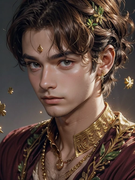 
Portrait of a beautiful boy ,  close-up of a sparkling golden long necklace in the shape of clover leaves on a man's neck,  until his hand reaches the necklace . fashionable hairstyle.  The surrounding space is filled with glowing tiny gold particles , loose royal sparkling ruby shirt embroidered with gold arnament.