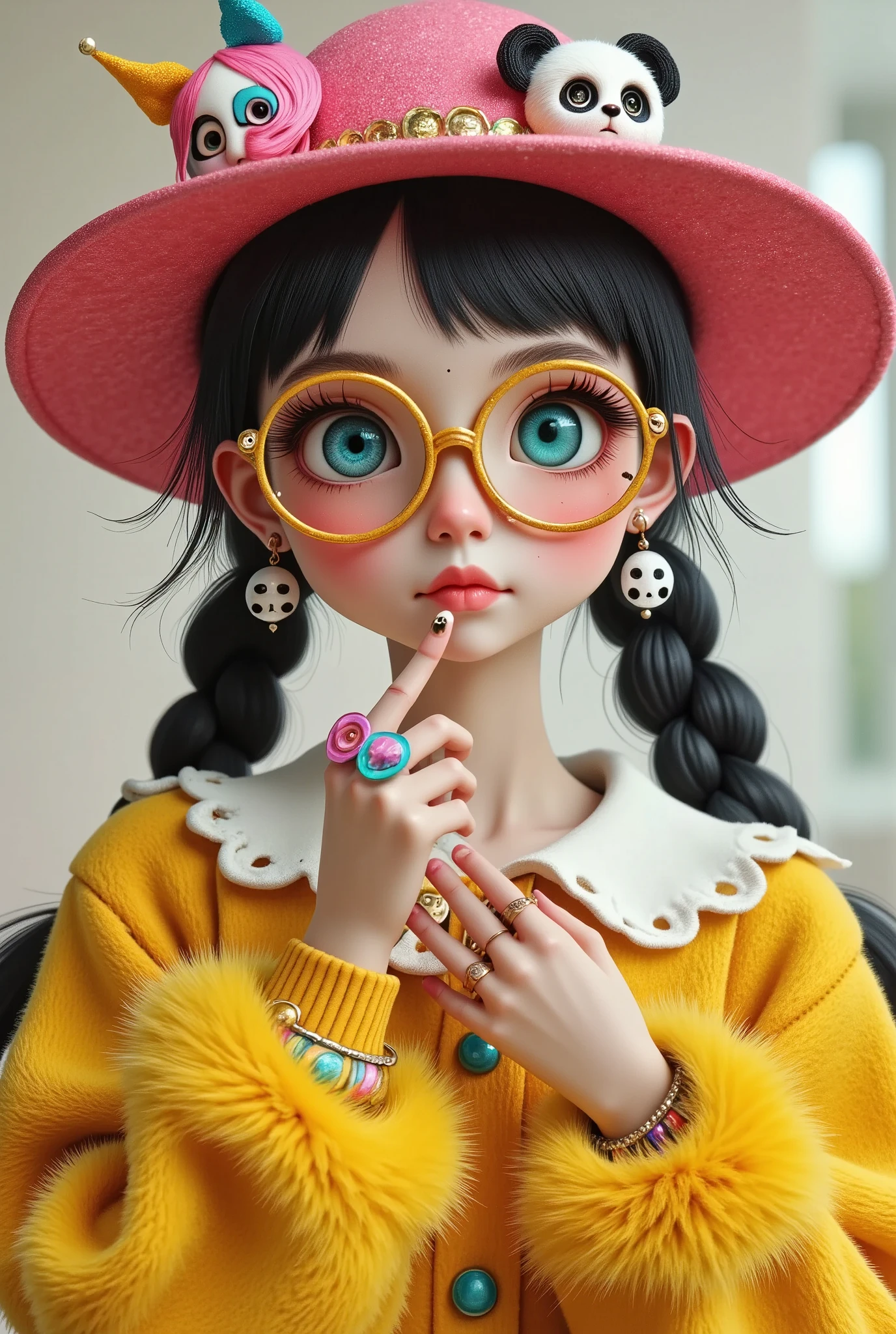  takes full body  , General plan of a person wearing a hat with pink sequins and bright glasses and round colored glasses He brings his index fingers close to his mouth,  Put your lips as if you were going to kiss painted with pink glitter  ,  on her fingers she wears rings she wears a yellow fur coat  , earrings with panda bears  ,  she wears disheveled bangs and two twin braids on the sides of her shoulders  ,  her eyes wide open beautiful and tender cyan she is European  , .,  digital art inspired by Yanjun Cheng  , tumblr, arte digital,  beautiful art style  , Realistic kawaii portrait  ,  beautiful digital art , lindo colorido adorable,  artwork in the style of Guweiz  , cute cartoon style, arte digital detallado y lindo , guweiz,  realistic painting of a pretty girl  , cute kawaii girl  , Beautiful cartoon ,  vector art by Yamagata Hiro  , Trend in CG  , esteticismo, anime  Full body illustration  ,  Full body illustration  ,  illustration style  , colorful clothes, Phone background, y2k style, y2k style,  beautiful art style 