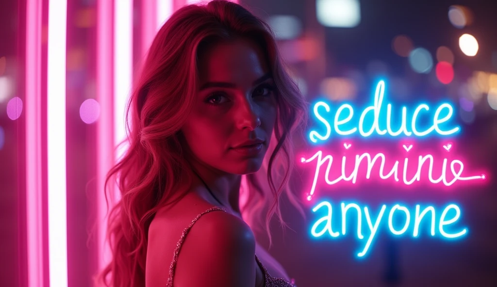 A naked milf 30 yo blonde woman sits on a bed, hugging a large pillow with the words "SeaArt Infinity" written on it, with her huge breasts partially hidden by the pillow, her cleavage exposed, looking at the viewer, full body shot, movie lighting, glow, neon,