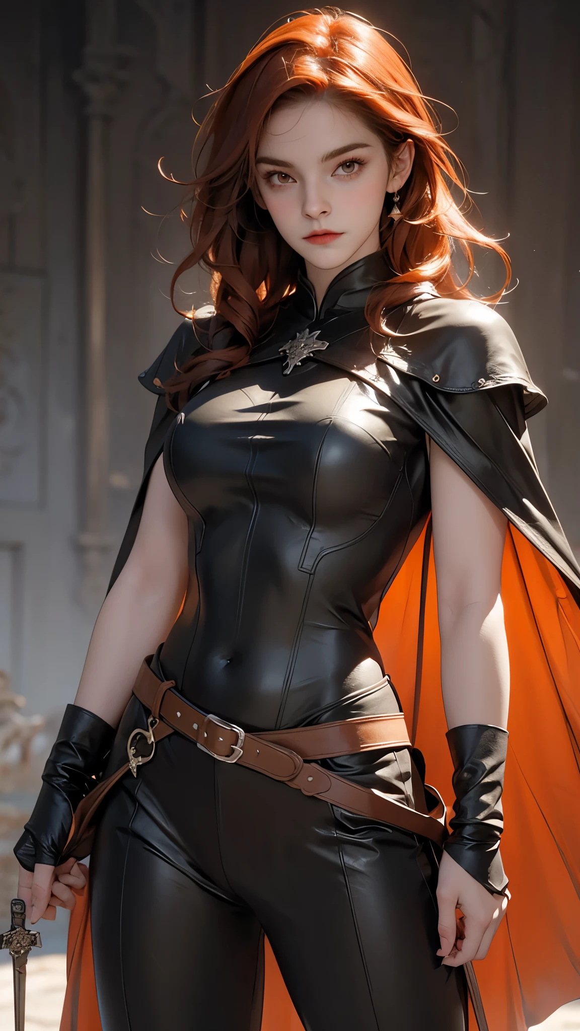 Emma Watson, Beautiful redhead nordic warrior orange curly hair muscular body perfect breasts leather pant armor leather cape with fluff edge holding large sword detailed face would cheekbones blushing rendered image posing heroically