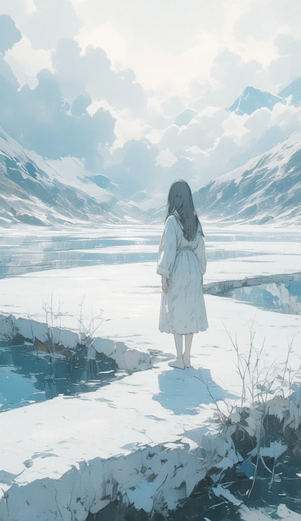 in a dream, Shadow shaped girl nodding off is stand in a blur. only lake just quietly swaying. human shape slightly reflected on the lake. Nothing living. only just a white world, a landscape. surrealism, dreamlike, loneliness,focus on the lake, great focus on the lake