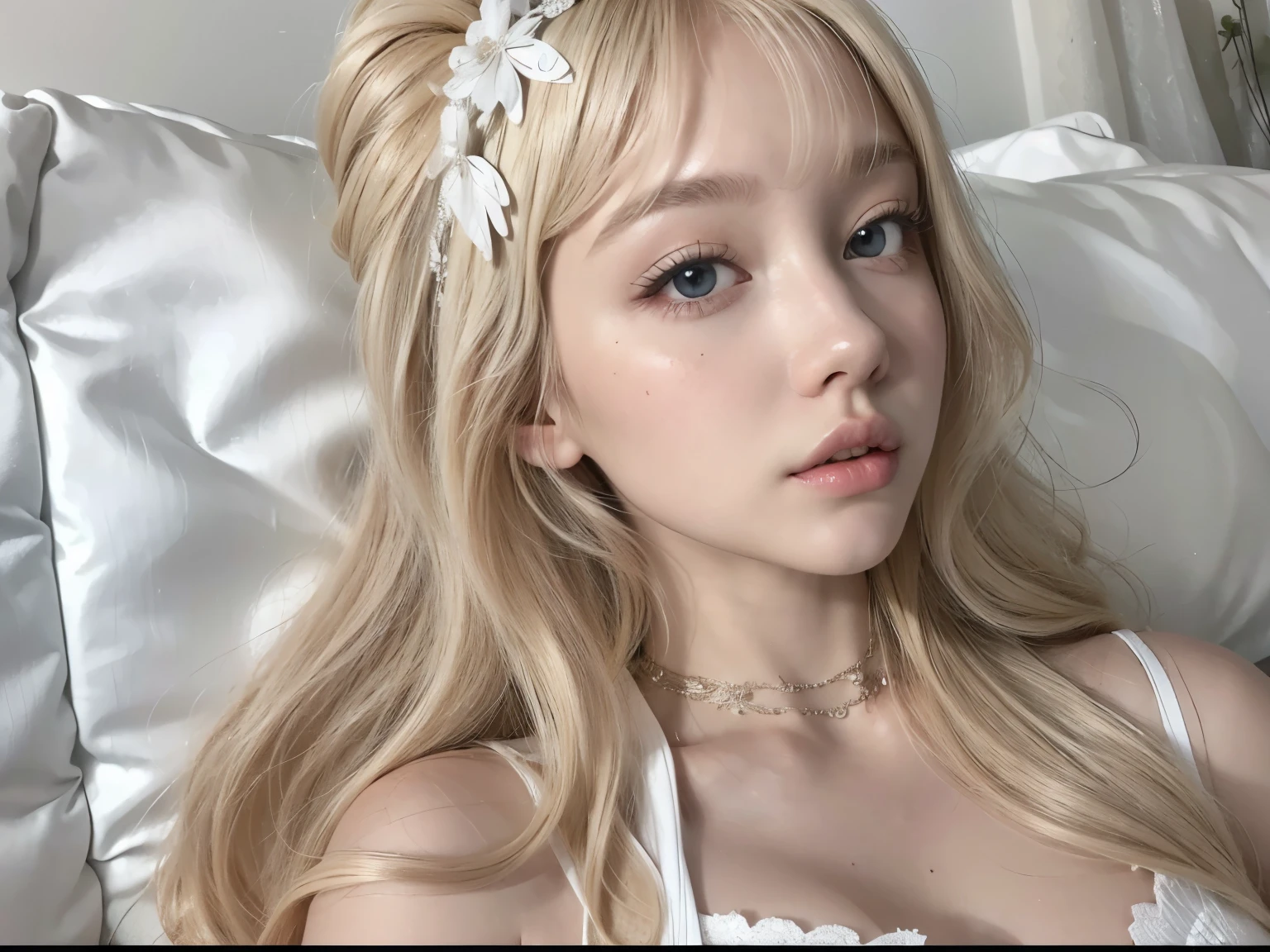 blonde woman with long hair and white dress posing for a photo, A girl with blonde hair, with long blonde hair, linda mulher sul-korean, parque roseanne de blackpink, long blonde hair and big eyes, white hime cut hairstyle, fair skin curly blonde hair, with white long hair, Linda jovem korean, korean, Heonhwa Choe