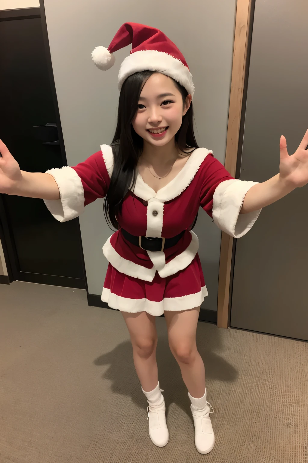 A 16-year-old high school girl with long black hair wearing a one-piece Santa costume.