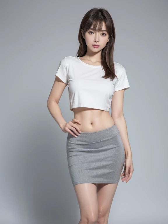 (8k), (highest quality: 1.2), (Realistic), (Realistic: 1.37), Ultra-high resolution, 1 girl, cute, Embarrassed expression,smile, (Blushing:1.4),Mouth closed, Beautiful details, Beautiful Nose, whole body, Smooth black hair, pork, Thighs,Selfie,mini skirt,Leather platform boots,(Grey Calvin Klein sports bra:1.5),cute like an idol,gravure,濡れて光るThighsにクローズアップ,