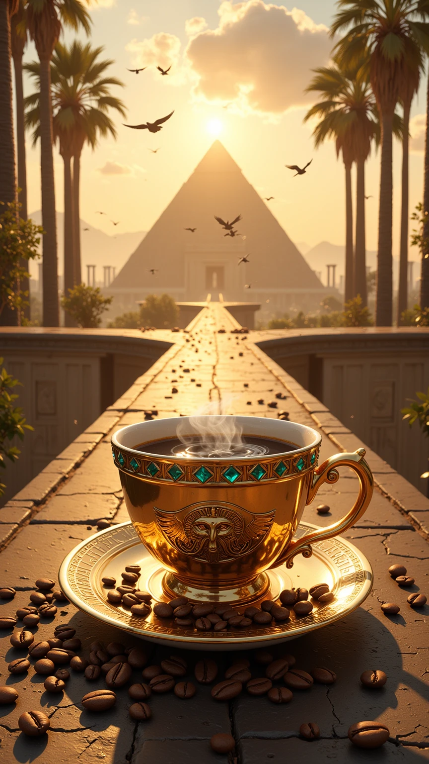 Realistic illustration for advertising , , 1 very short and low coffee cup made of polished gold ,  In the center of the coffee mug, the three-dimensional Eye of Horus motif is engraved ,  The area around the eye of Horus pattern is a hieroglyphic pattern ,  The top rim of the glass is adorned with luminous turquoise diamonds arranged in an orderly horizontal way. , . Inside the coffee mug there is a glossy black hot Americano coffee cup. ,  There is coffee smoke billowing out of the coffee mug elegantly but still looking natural. ,  The view of the image clearly shows the hot Americano coffee water inside the coffee cup , The coffee cup holder ear is on the right hand , A coffee mug is placed on a coffee coaster made of polished gold , The coffee saucer engraved with the heroic motif ,  The area around the coffee cup contains the same size of complete coffee beans placed together naturally inside the coffee saucer. , . The area around the coffee saucer contains complete coffee beans of the same size in large numbers, placed together naturally on the street floor.,  Coffee cups and coffee coasters are located on the ancient Egyptian stone road in the lower center position of the image , THE ANCIENT EGYPTIAN STONE ROAD IS A VERY HIGH-RISE BRIDGE CONNECTED FROM THE CENTRAL POSITION OF THE BACKDROP.,  The background is the great Pyramid of Giza, mixed with A variety of Roman columns and a harmoniously ornate Babylonian floating garden, On the left and right are large palm trees lined up to the background of the image , , the details of the architecture behind can be seen in detail and clearly through the perspective seen from the front. ,  in the sunset sky. A large and glorious morning that is shining brightly over every corner of the image , . The atmosphere of the picture is covered with a warm and soft morning golden light. ,  In the sky there are bright morning clouds , In the sky there are many flying birds 