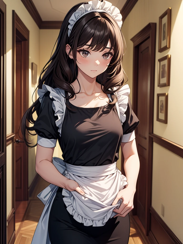 girl with、Brown hair、Longhaire、Apron naked、short white apron、Beautiful breasts、fissure、The apron is thin