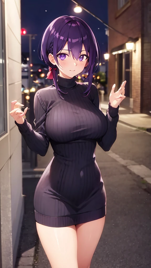 masterpiece, best quality, high quality, girl, solo, looking at viewer, yuuki_izumi, purple eyes, purple hair, large breasts, sweater dress, long sleeves, turtleneck, outdoors, street, standing, cowboy shot, night