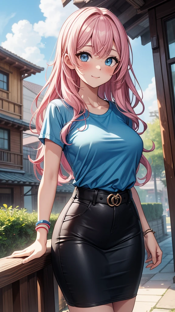1 girl, Mitsuri Kanroji ( Kimetsu no yaiba) , Tight jeans, Black and black shirt, holding bag , outdoors, standing,