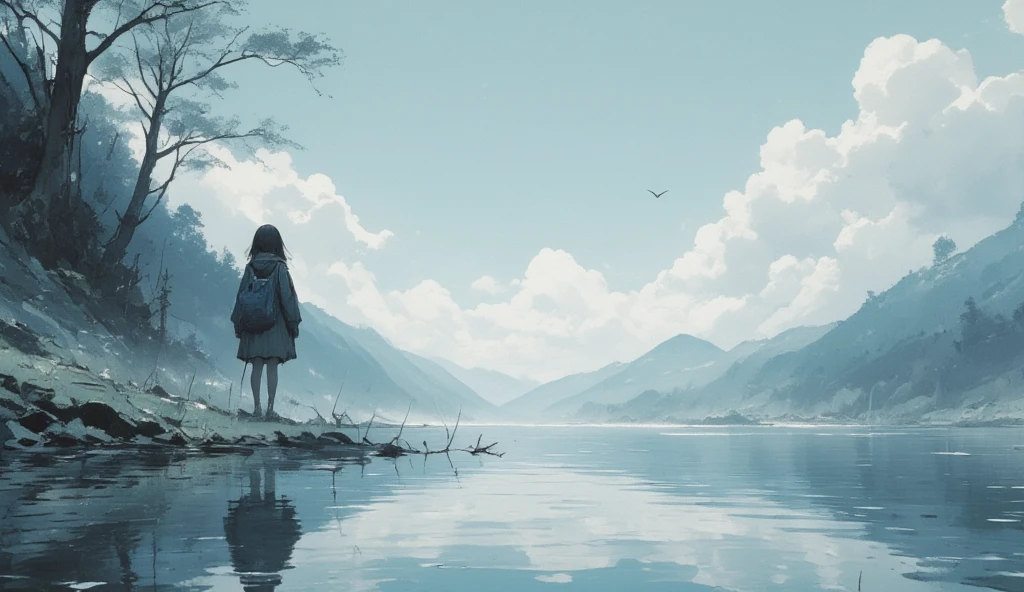 in a dream, Shadow shaped girl nodding off is stand in a blur. only lake just quietly swaying. human shape slightly reflected on the lake. Nothing living. only just a white world, a landscape. surrealism, dreamlike, loneliness,focus on the lake, great focus on the lake