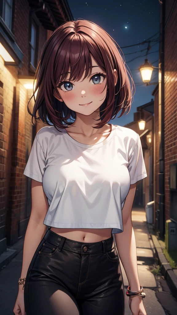 (highest quality, 4K, masterpiece :1.3), Beautiful woman, 1 girl, slim, (midium breast:1), (chest, Attractive body :1.2), Cowboy Shot, JK:1.1, brown hair: 1.1, bob cut, , Highly detailed face, Lip details, Fine Eyes, double eyelid, colorful town, day, (tan skin:0.7) , white t-shirt, loose fit, wearing sports bra under t-shirt, jeans shorts, , hairpin, 1 pendant laughing, happy,