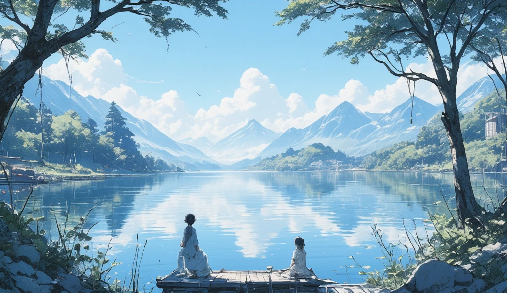 in a dream, Shadow shaped girl nodding off is stand in a blur. only lake just quietly swaying. human shape slightly reflected on the lake. Nothing living. only just a white world, a landscape. surrealism, dreamlike, loneliness,focus on the lake, great focus on the lake