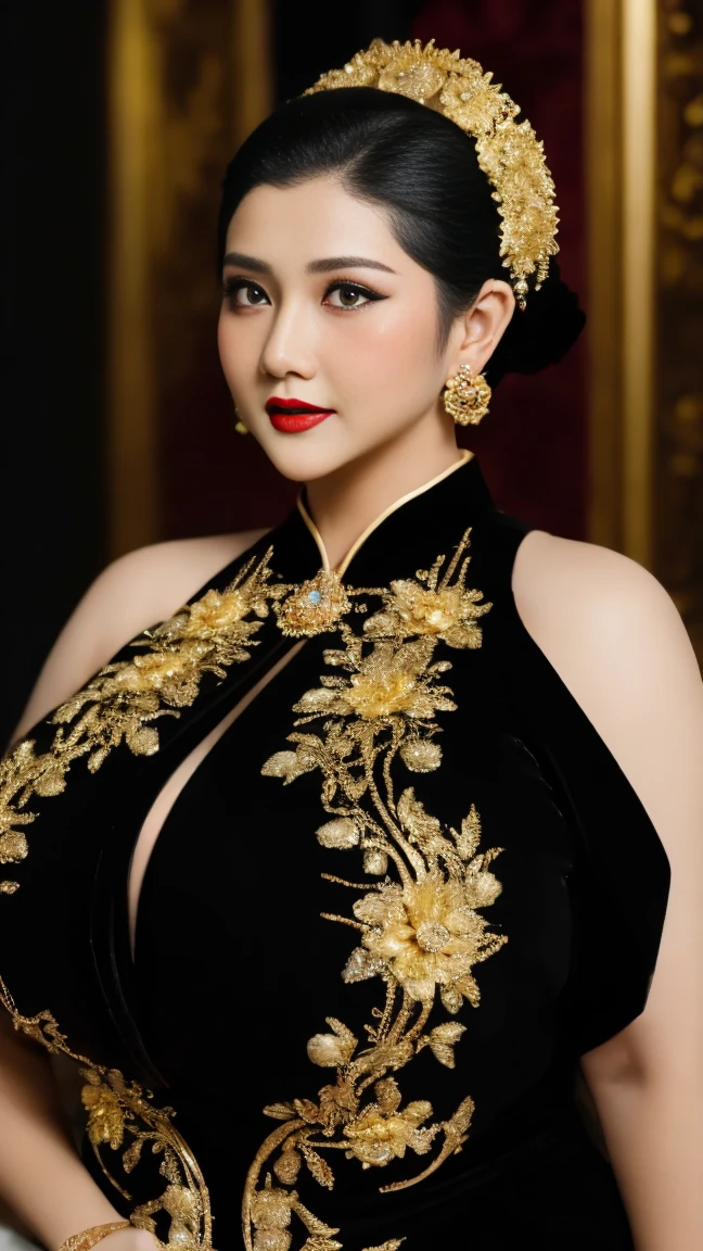 photography, woman,  portrait of java wedding woman in black long kebaya dress traditional, red lipstick, golden necklace, earrings, ornate, detail, flowers, blurry background, soft focus , big breast, open top chest,shoulderless,2/3 body's, slightly side standing pose, wide view,