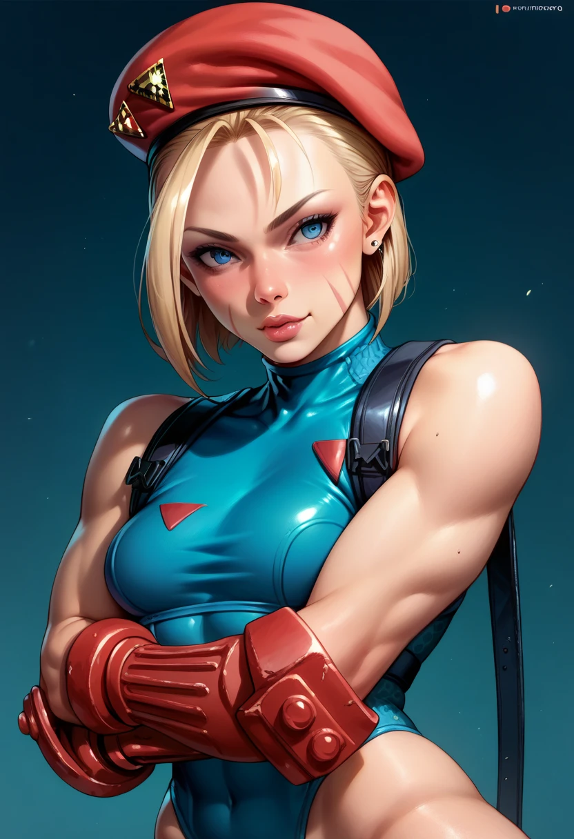 Cammy White in a sexy pose looking piercingly with a cute and attractive smile wearing her Delta Red costume and red hat