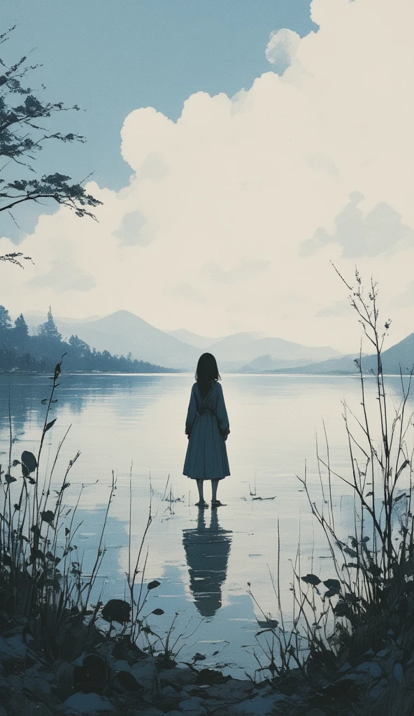 in a dream, Shadow shaped girl nodding off is stand in a blur. only lake just quietly swaying. human shape slightly reflected on the lake. Nothing living. only just a white world, a landscape. surrealism, dreamlike, loneliness,focus on the lake, great focus on the lake