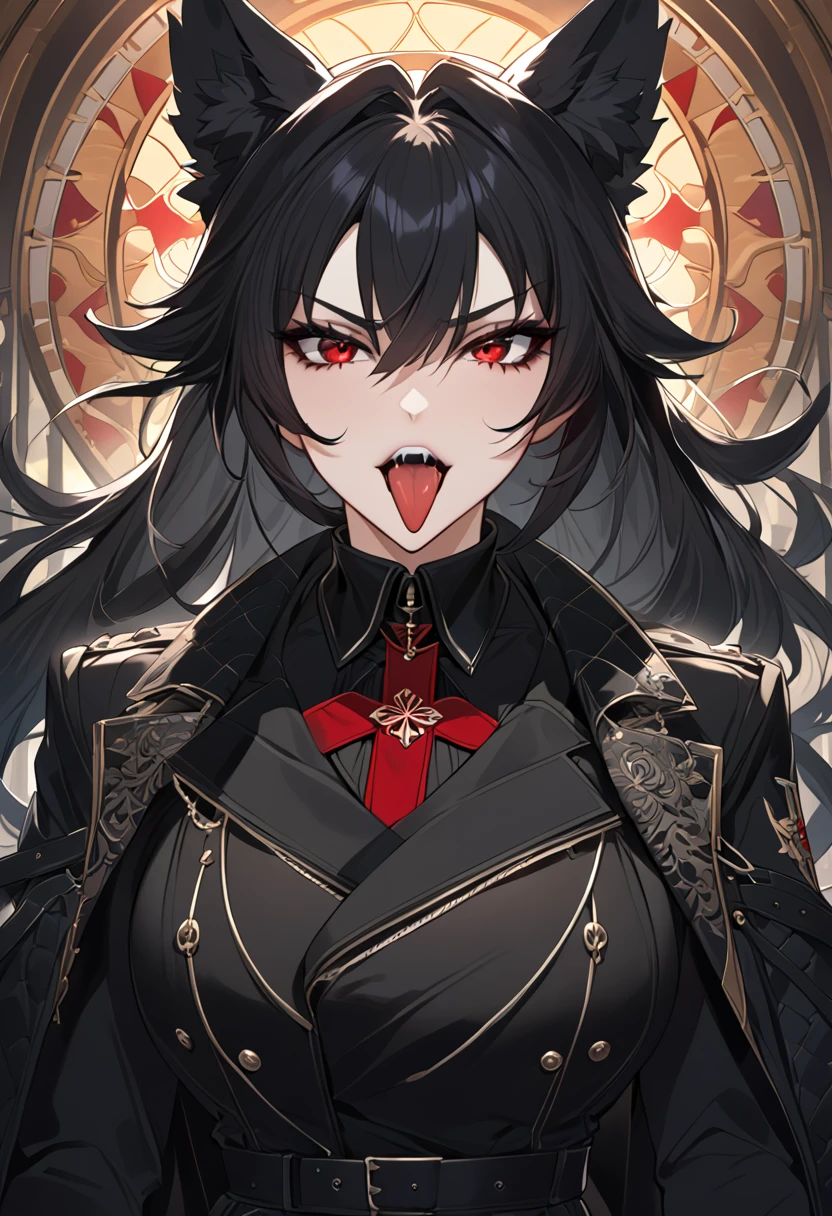 beautiful anime woman wearing a black military trench coat, tight black jeans pants, wolf ears, wolf tail, half wolf and half human, red eye color, black hair in a ponytail, light novel art, detailed anime art, anime, regal, royal, sexy, thicc, beautiful feminine facial features, flirtatious, sultry, slutty, petite, sharp canines, aheago, villain, all black clothing, high quality, very detailed anime art, feminine, slender face, military general vibes, pretty girl, good lighting, close up shot of face, red highlights, lewd smile, cute, naughty wolf girl, cross eyed sticking her tongue out like a slut, naughty and silly lewd expression, very horny wolf girl, bad bitch