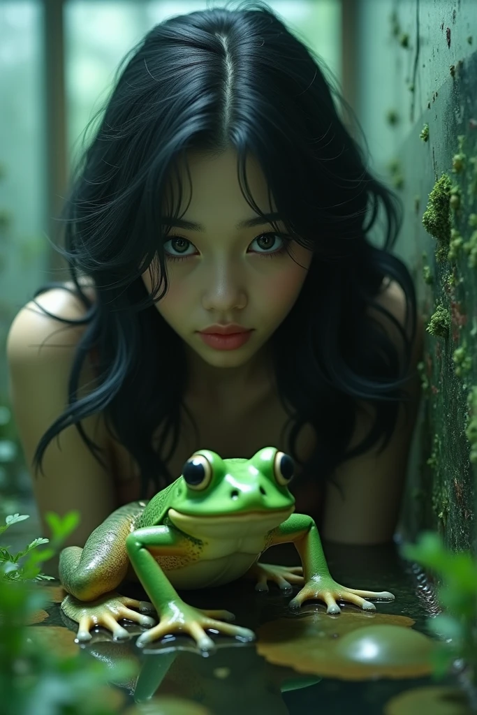 Draw a 24-year-old girl ,  with wavy black hair and almost black eyes hunting a frog in a cage