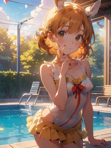 ( Max Image, 4K,  High Quality ,   Masterpiece ::1.2), ((  Masterpiece )),  high detail,  High Quality ,  Max Image, (( High Quality , nsfw,   armpit,  embarrassing,)), nsfw, ( bun hair ), cute, Young girl wearing swimsuit and pantyhose by the indoor pool, whole body, change,  short due to the heat,  medium chest , Bokeh,  depth of writing,  portrait,  malicious laughter ,  OPEN STANCE , (cute illustration:1.2),  high definition ,  ultra detail,   Best Quality  , Shoulder Bare,