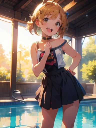 ( Max Image, 4K,  High Quality ,   Masterpiece ::1.2), ((  Masterpiece )),  high detail,  High Quality ,  Max Image, (( High Quality , nsfw,   armpit,  embarrassing,)), nsfw, ( bun hair ), cute, Young girl wearing swimsuit and pantyhose by the indoor pool, whole body, change,  short due to the heat,  medium chest , Bokeh,  depth of writing,  portrait,  malicious laughter ,  OPEN STANCE , (cute illustration:1.2),  high definition ,  ultra detail,   Best Quality  , Shoulder Bare,