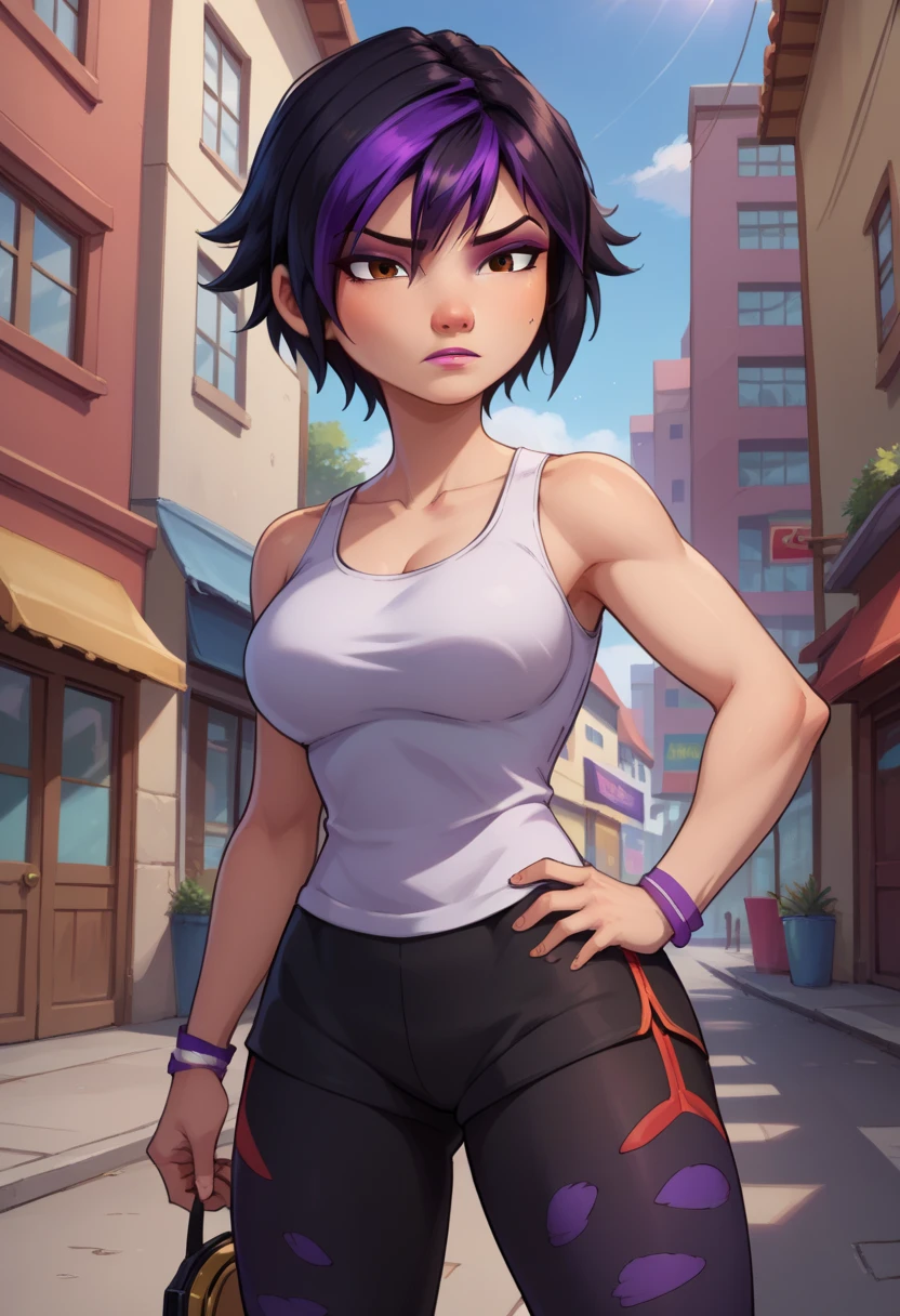 score_9, score_8_up, score_7_up, BREAK,gogotomago, 1girl, solo, short hair, black hair, jewelry, lo purple hair, bracelet, makeup, casual, leggings, capri pants, cowboy shot, brown eyes, looking at the viewer, large breasts,outdoors,city, hands on hips, white tanktop