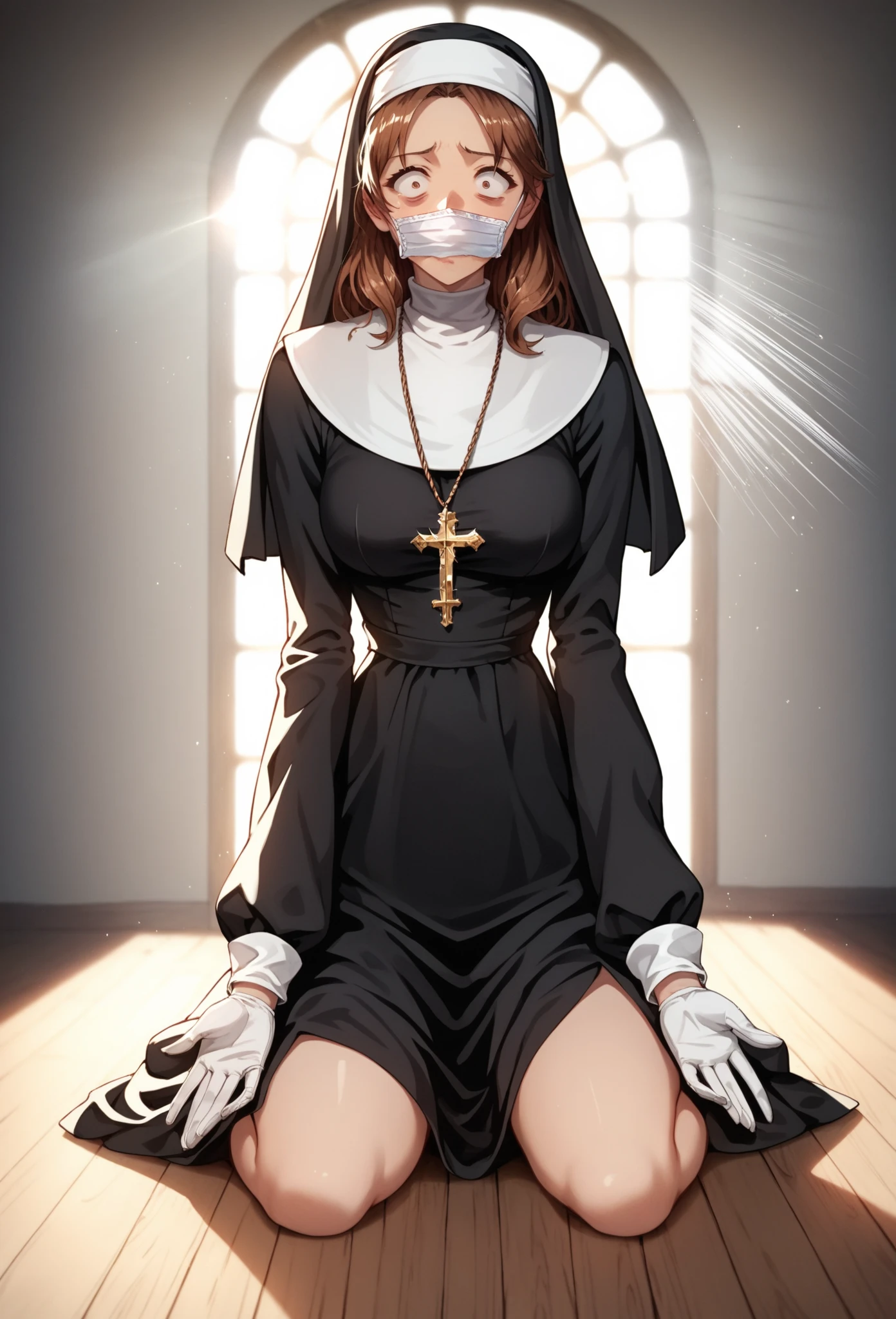 Anime-style character, source_anime, backlighting, light rays, 1girl, adult woman, beautiful, best perfect anatomy, A pale anime mature woman, nun (black nun habit, white glove, wearing white surgical mask), 1 woman, lonely, deep brown eyes, long hair, deep brown hair, straight hair, waist length hair, Pretty Face, cute, anime girl with Surprise face, Constricted pupils, depressing face, scared, traumatized, Fear, looking a view, she sit on the floor, she hand on thigh, side sitting position, medium Up, Single Shot, Shooting from the person,(background : medieval storage room, very small space),