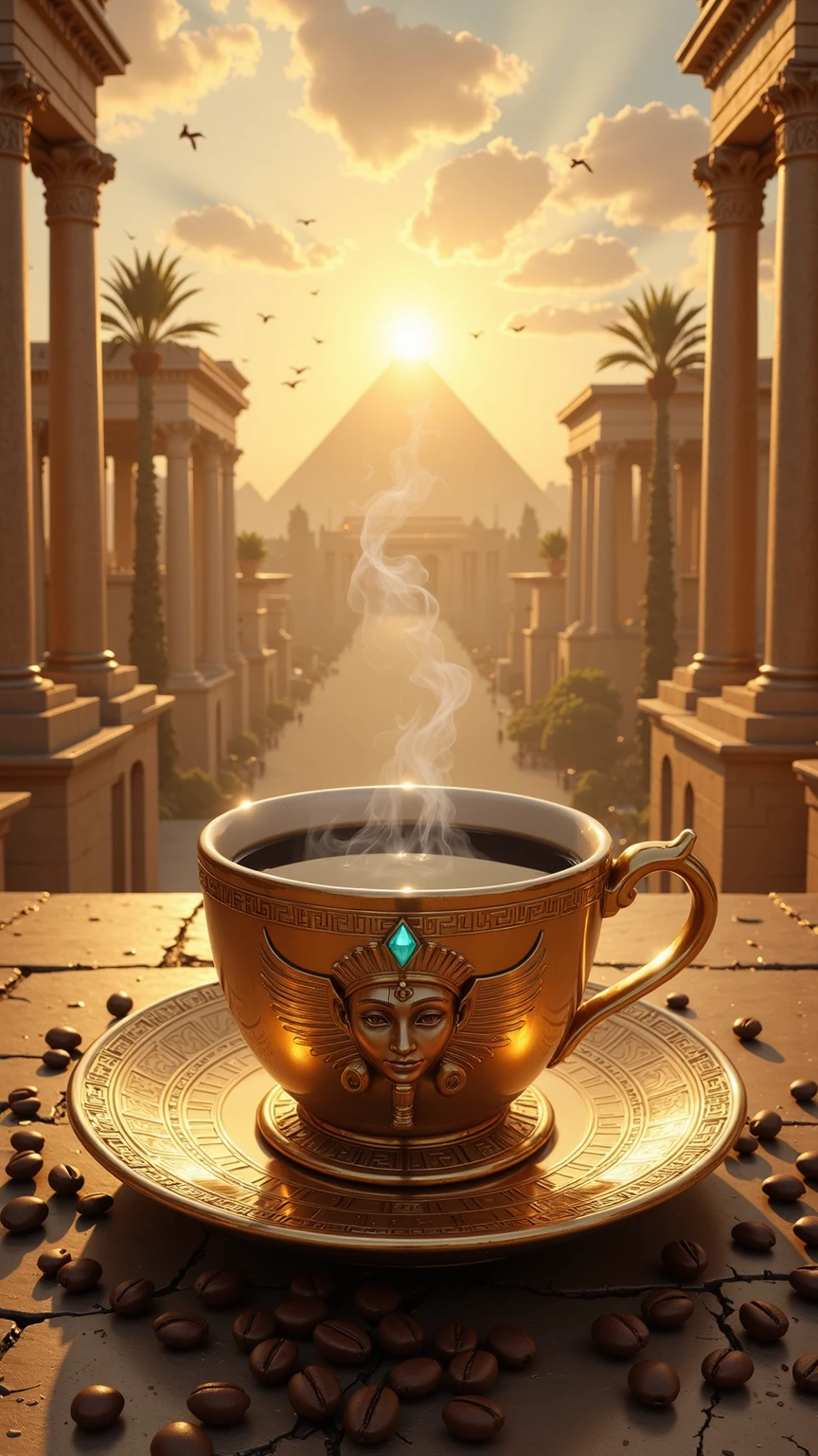 Realistic illustration for advertising , , 1 very short and low coffee cup made of polished gold ,  In the center of the coffee mug, the three-dimensional Eye of Horus motif is engraved ,  The area around the eye of Horus pattern is a hieroglyphic pattern ,  The top rim of the glass is adorned with luminous turquoise diamonds arranged in an orderly horizontal way. , . Inside the coffee mug there is a glossy black hot Americano coffee cup. ,  There is coffee smoke billowing out of the coffee mug elegantly but still looking natural. ,  The view of the image clearly shows the hot Americano coffee water inside the coffee cup , The coffee cup holder ear is on the right hand , A coffee mug is placed on a coffee coaster made of polished gold , The coffee saucer engraved with the heroic motif ,  The area around the coffee cup contains the same size of complete coffee beans placed together naturally inside the coffee saucer. , . The area around the coffee saucer contains complete coffee beans of the same size in large numbers, placed together naturally on the street floor.,  Coffee cups and coffee coasters are located on the ancient Egyptian stone road in the lower center position of the image , THE ANCIENT EGYPTIAN STONE ROAD IS A VERY HIGH-RISE BRIDGE CONNECTED FROM THE CENTRAL POSITION OF THE BACKDROP.,  The background is the great Pyramid of Giza, mixed with A variety of Roman columns and a harmoniously ornate Babylonian floating garden, On the left and right are large palm trees lined up to the background of the image , , the details of the architecture behind can be seen in detail and clearly through the perspective seen from the front. ,  in the sunset sky. A large and glorious morning that is shining brightly over every corner of the image , . The atmosphere of the picture is covered with a warm and soft morning golden light. ,  In the sky there are bright morning clouds , In the sky there are many flying birds 