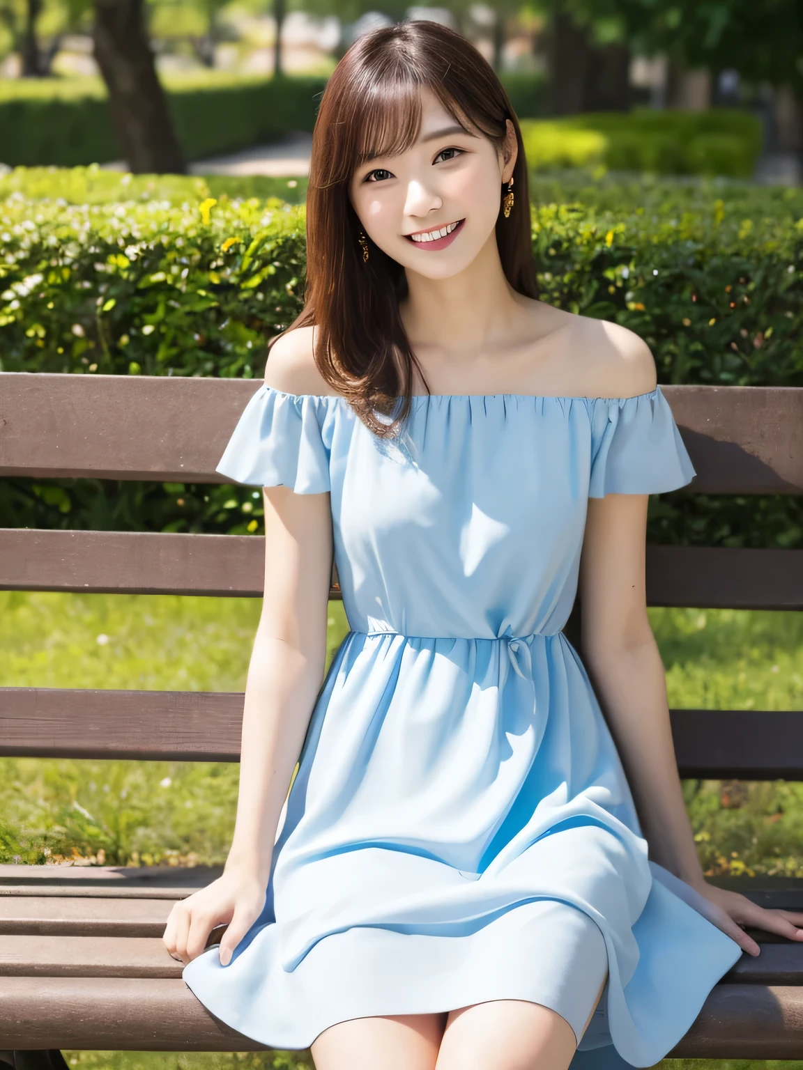 Araffe woman sitting on a bench in a park with a smile - SeaArt AI