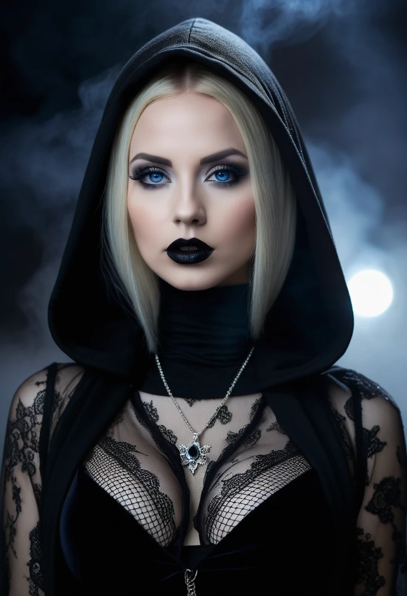woman pretty, blonde, slicked back ,black nun veil, blonde hair , big breast,, pale skin , wearing italian dress, eyeliner ,foxy eyeliner , makeup ,pale woman painting, beautiful light deep focus, elegant, digital painting, smooth, dramatic lighting , 8k, art , black background,black background, black wallpaper
