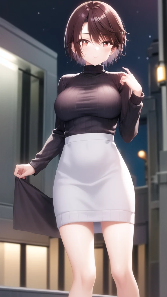 masterpiece, best quality, girl, solo, looking at viewer, yuuta_kadowaki, large breasts, sweater dress, long sleeves, turtleneck, outdoors, street, standing, cowboy shot, night