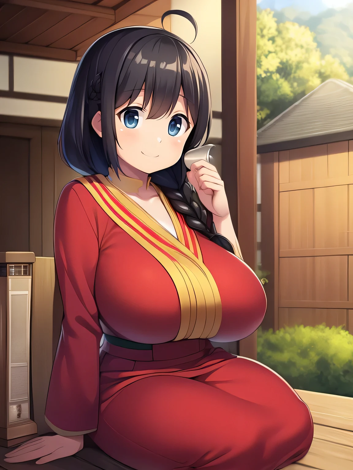 Super huge　Super huge　Super Giant Chest、A dark-haired、Ahoge,Single braid Ponytail、top-quality、Beautuful Women、Beautiful Kyoto background、Beautiful gramophone、Smile、