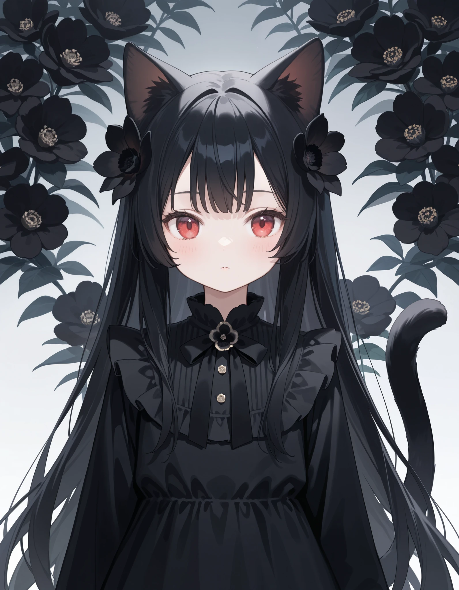 1girl, black hair, long hair, red eye, many black flower, Front View, cute, black dress, cat ear, tail