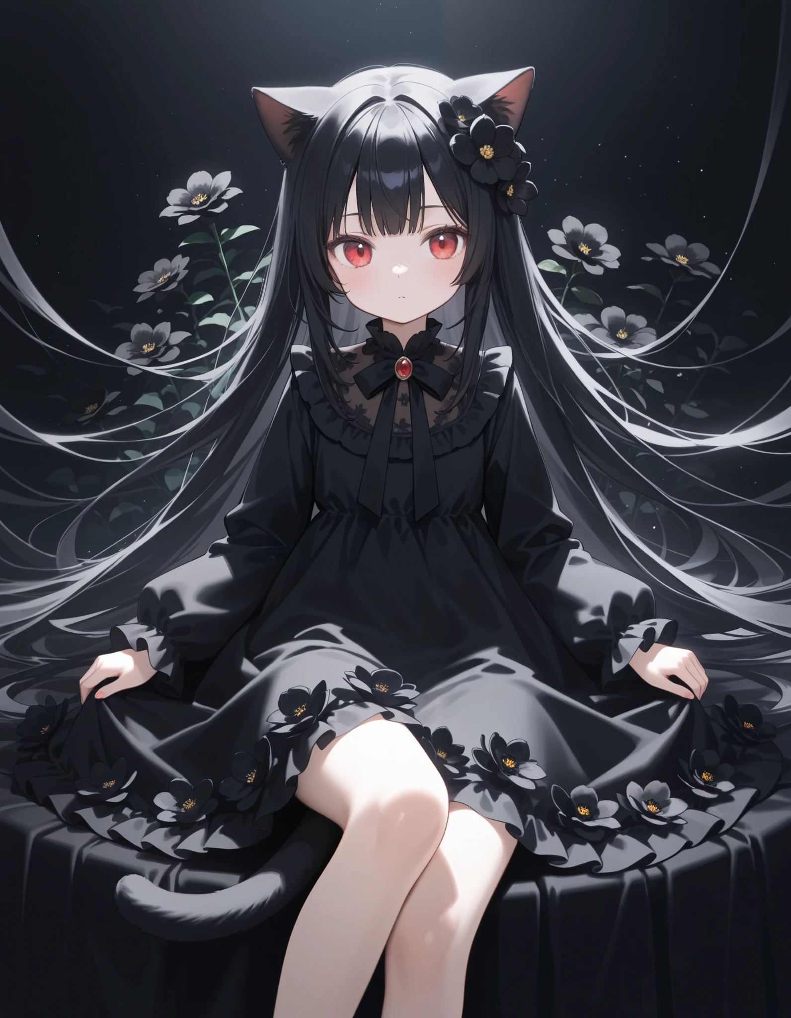 1girl, black hair, long hair, red eye, many black flower, Front View, cute, black dress, cat ear, tail