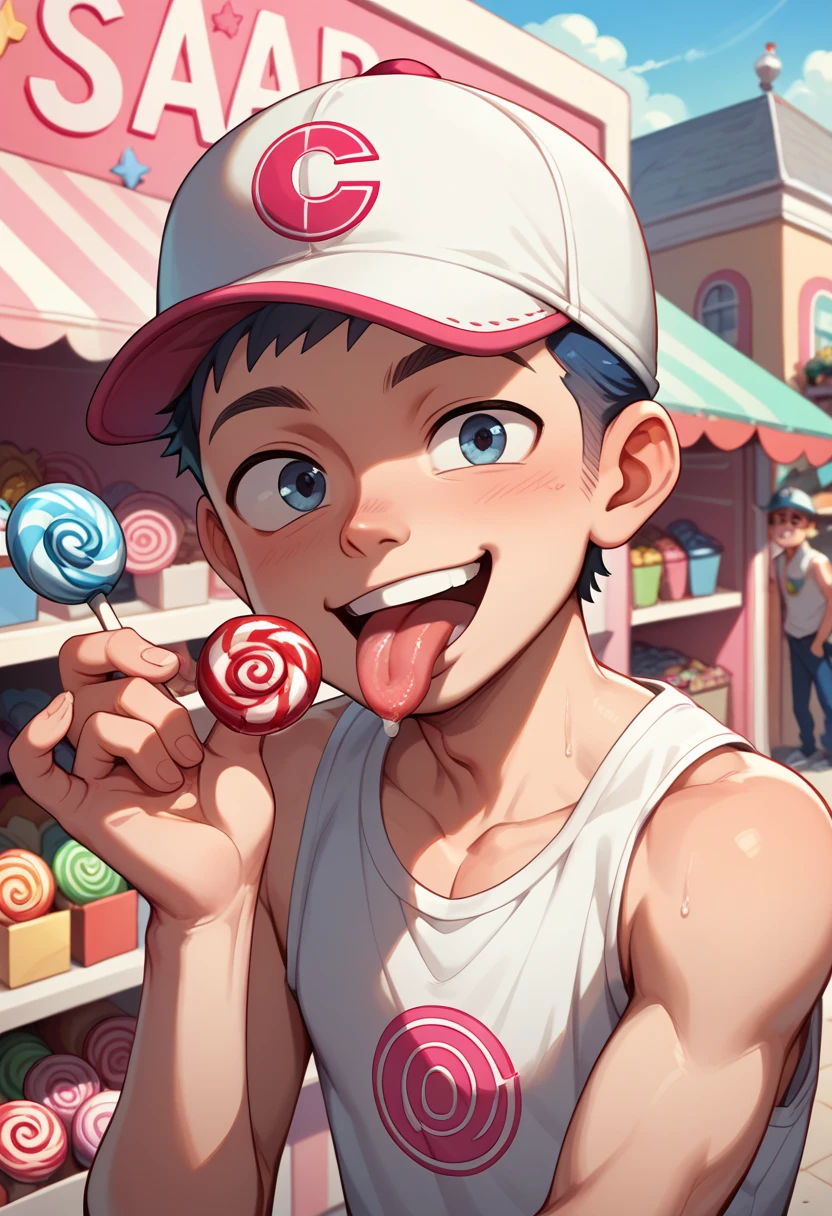 Boy 18yo on candy shop, anime, slim, haapy face tanktop, baseball cap, licking  lollypop, candies on background 