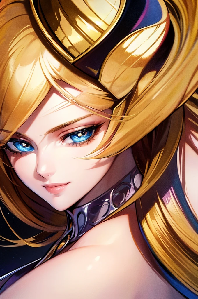 (best quality,ultra-detailed,photo-realistic:1.37),bright and vibrant colors,studio lighting,playful expression,stylish makeup,long blonde hair flowing in the wind,alluring eyes,glossy lips,sexy pose, League of Legends, Arena, smiling in a confident and seductive way,posing for a professional photoshoot,shallow depth of field,highlighting the main subject,soft natural lighting,creating a dreamy and magical atmosphere.