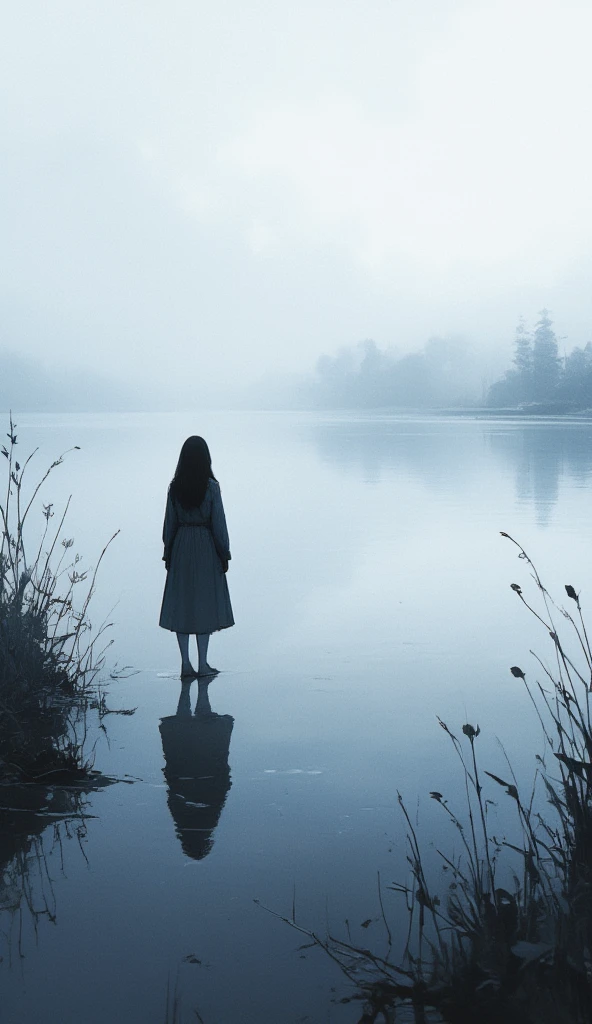 in a dream, Shadow shaped girl nodding off is stand in a blur. only lake just quietly swaying. human shape slightly reflected on the lake. Nothing living. only just a white misted world, a landscape. surrealism, dreamlike, loneliness,focus on the lake, great focus on the lake